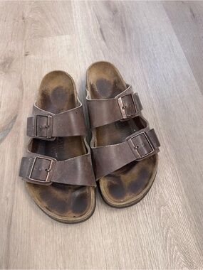 Birkenstock Brown Double Strap Leather Slide Sandals